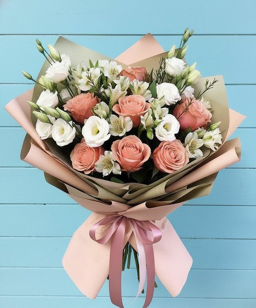 Букет цветов из: Розы, Альстромерии и Лизиантусы в Осаново-Дубовое
