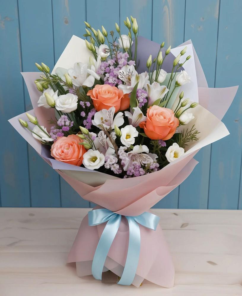 Букет цветов из: Лизиантусы, Розы, Альстромерии и Гипсофила в Осаново-Дубовое