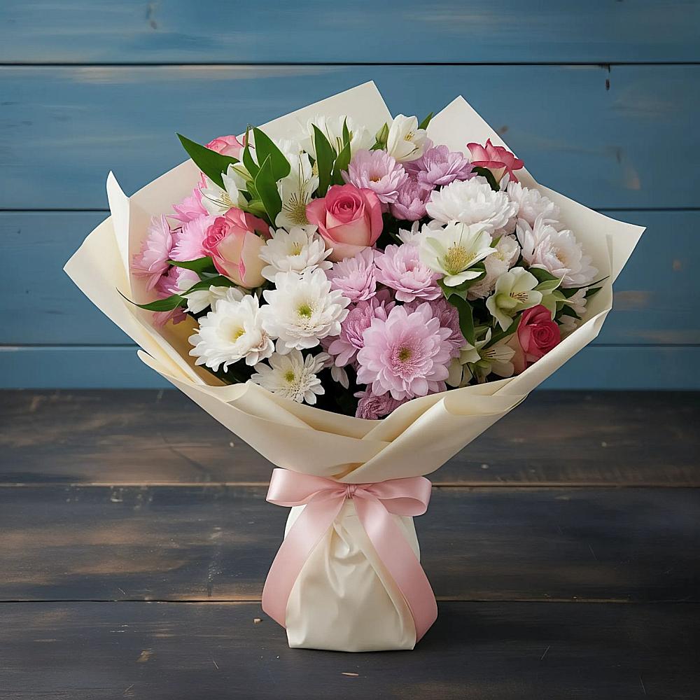 Букет цветов из: Хризантемы, Альстромерии и Розы в Осаново-Дубовое